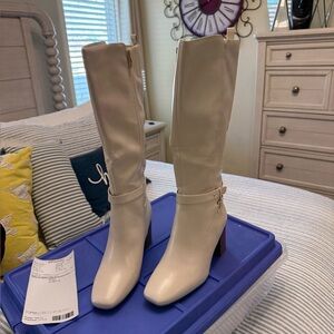 Cream Knee-High Block Heel Boots - Women's Elegant Riding Style